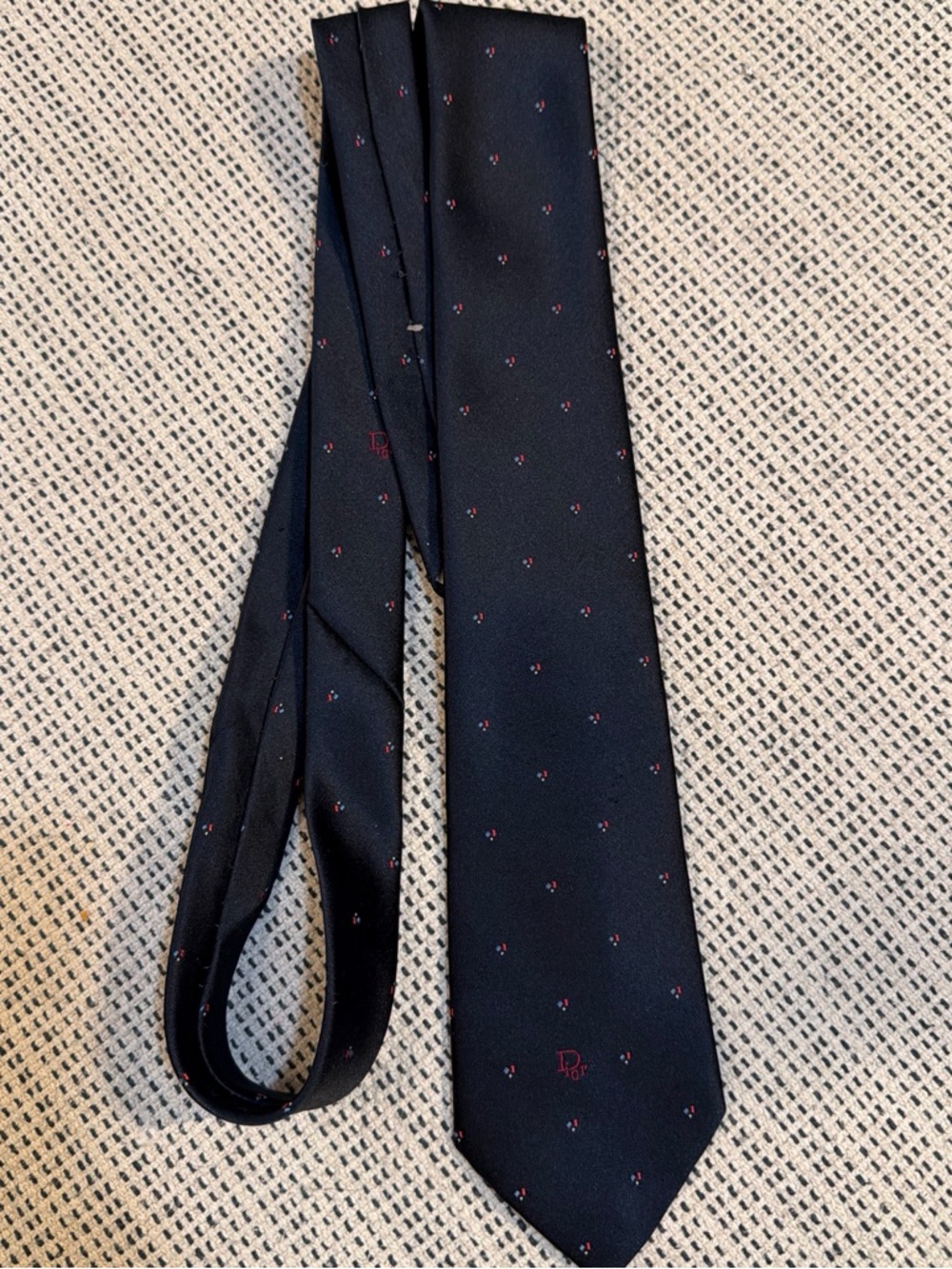 Dior Blue Silk Tie with Subtle Red Dots